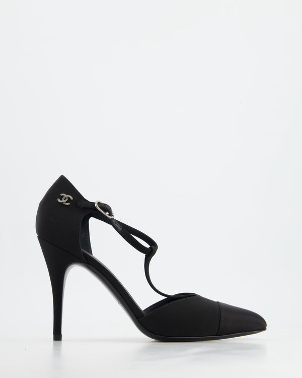 Chanel Black Satin Ankle Strap Pump Heels with CC Hardware Detail Size EU 40