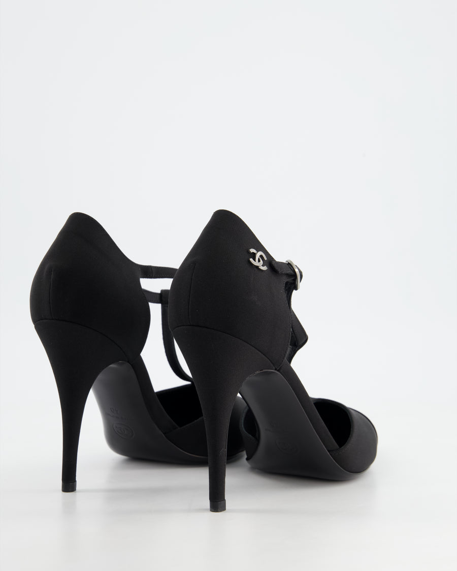 Chanel Black Satin Ankle Strap Pump Heels with CC Hardware Detail Size EU 40