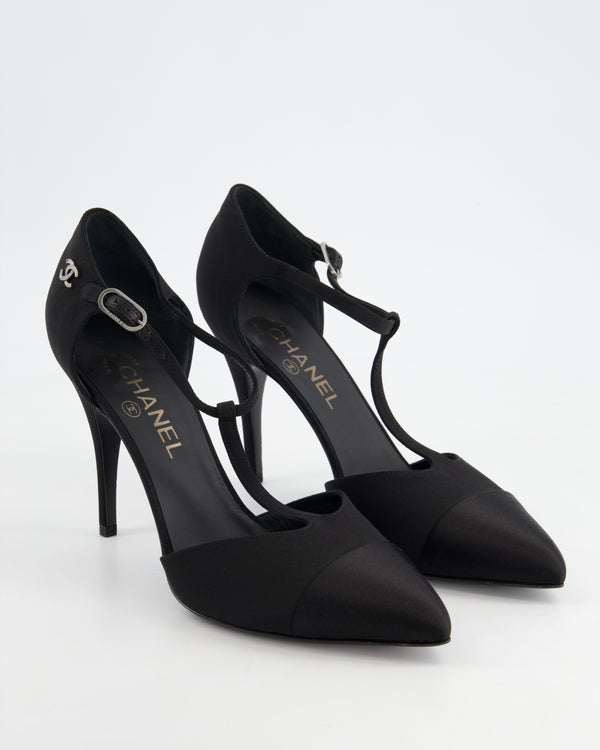 Chanel Black Satin Ankle Strap Pump Heels with CC Hardware Detail Size EU 40