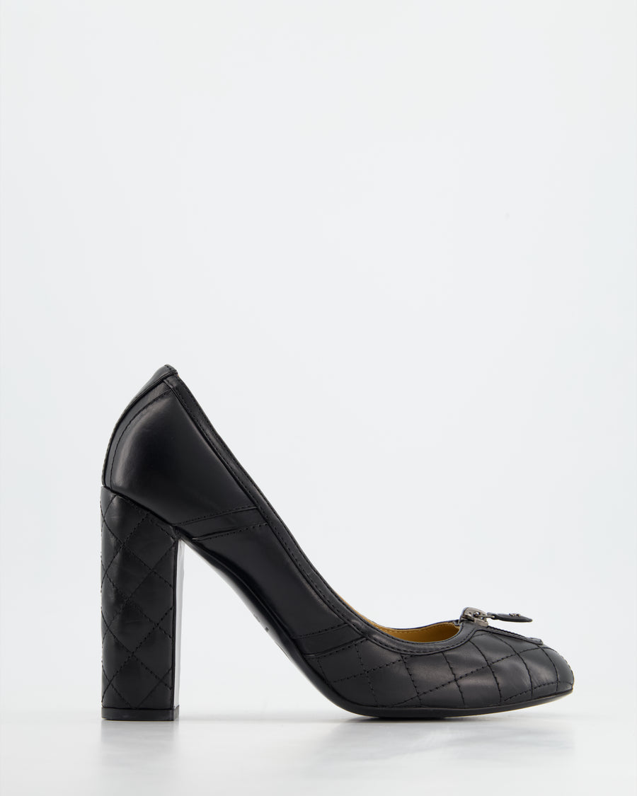 Chanel Black Round Toe Heels with Quilted Leather & Zip Details Size EU 40.5