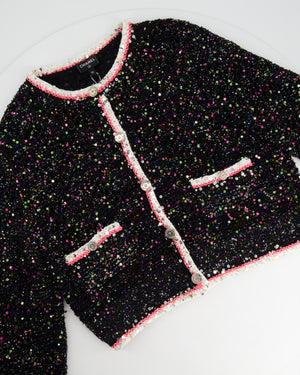 *SUPER HOT* Chanel 24 Black & Multicolour Sequin Cardigan with Pink & White Threads and CC Iridescent Logo Buttons Detail Size FR 36 (UK 8) RRP £5400