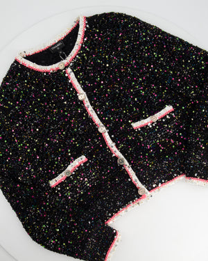 *SUPER HOT* Chanel 24 Black & Multicolour Sequin Cardigan with Pink & White Threads and CC Iridescent Logo Buttons Detail Size FR 36 (UK 8) RRP £5400