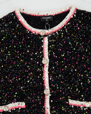 *SUPER HOT* Chanel 24 Black & Multicolour Sequin Cardigan with Pink & White Threads and CC Iridescent Logo Buttons Detail Size FR 36 (UK 8) RRP £5400