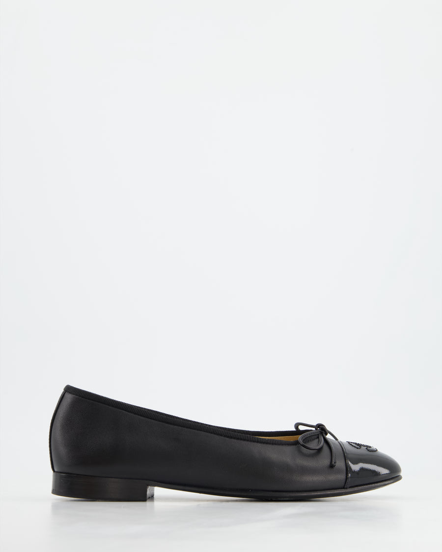 Chanel Black Leather Ballerina Flats with Patent CC Detail Size EU 36