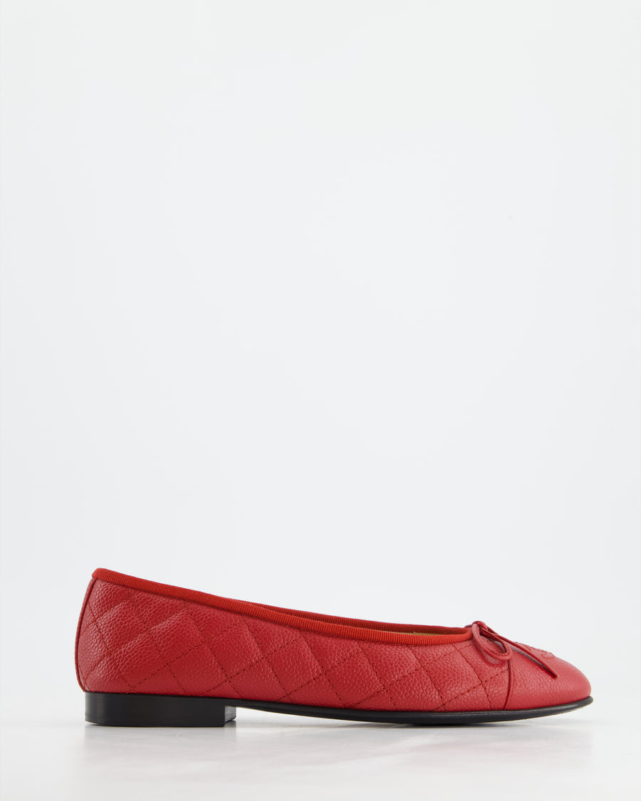 Chanel Red Caviar Leather Quilted Ballerina Flats with CC Detail Size EU 36