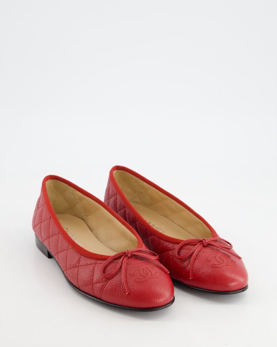 Chanel Red Caviar Leather Quilted Ballerina Flats with CC Detail Size EU 36