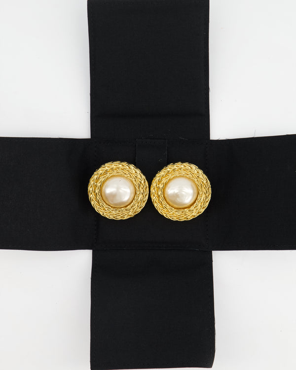 Chanel Vintage Large Textured Round Clip-On Earrings with Pearl Detail