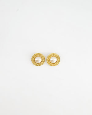 Chanel Vintage Large Textured Round Clip-On Earrings with Pearl Detail