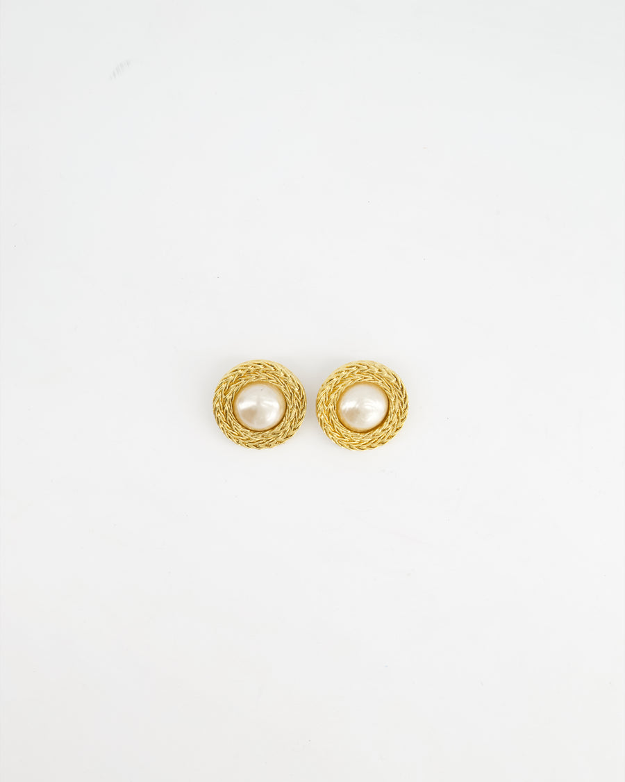 Chanel Vintage Large Textured Round Clip-On Earrings with Pearl Detail