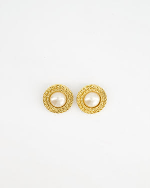 Chanel Vintage Large Textured Round Clip-On Earrings with Pearl Detail