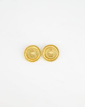 Chanel Vintage Large Textured Round Clip-On Earrings with Pearl Detail