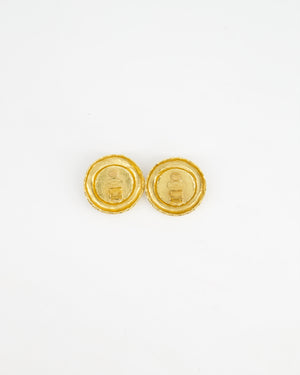 Chanel Vintage Large Textured Round Clip-On Earrings with Pearl Detail