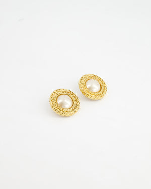 Chanel Vintage Large Textured Round Clip-On Earrings with Pearl Detail