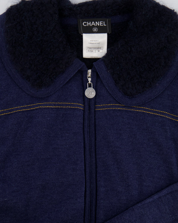 Chanel Navy Alpaca Zipped Gilet with Silver CC Buttons Size FR 38 (UK 10)