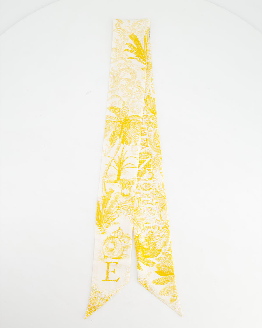 Christian Dior Mitzah ABCDior Yellow & White Palm Tree Printed Twilly Silk Scarf with 'E' Initial Detail