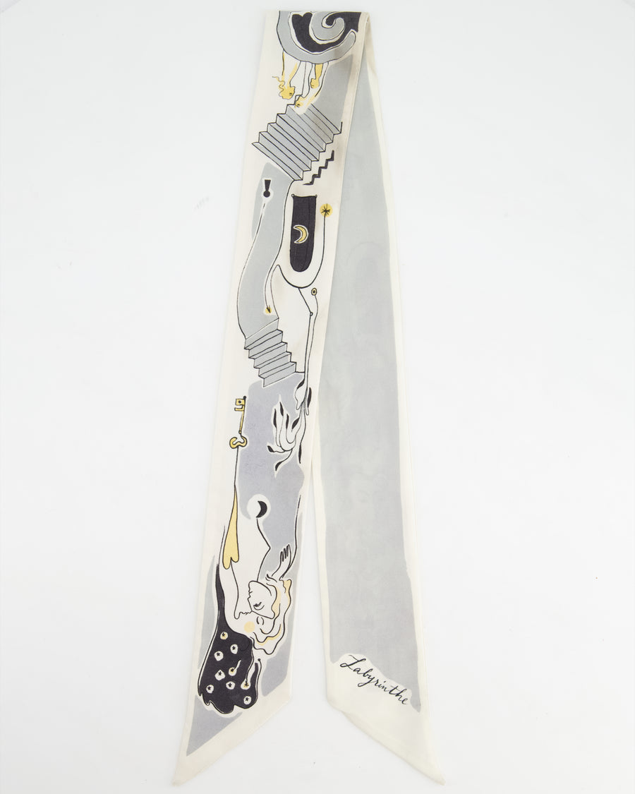 Christian Dior Mitzah ABCDior Grey, Black, White Silk Twilly Scarf with 'L' Initial Detail