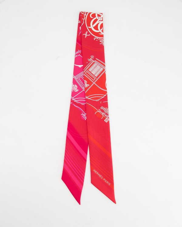 Hermès Fuchsia, Rouge & White Ex-Libris Silk Twilly Scarf