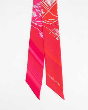 Hermès Fuchsia, Rouge & White Ex-Libris Silk Twilly Scarf