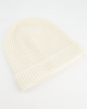 Celine Logo Embroidered Cream Cashmere Knit Beanie Hat