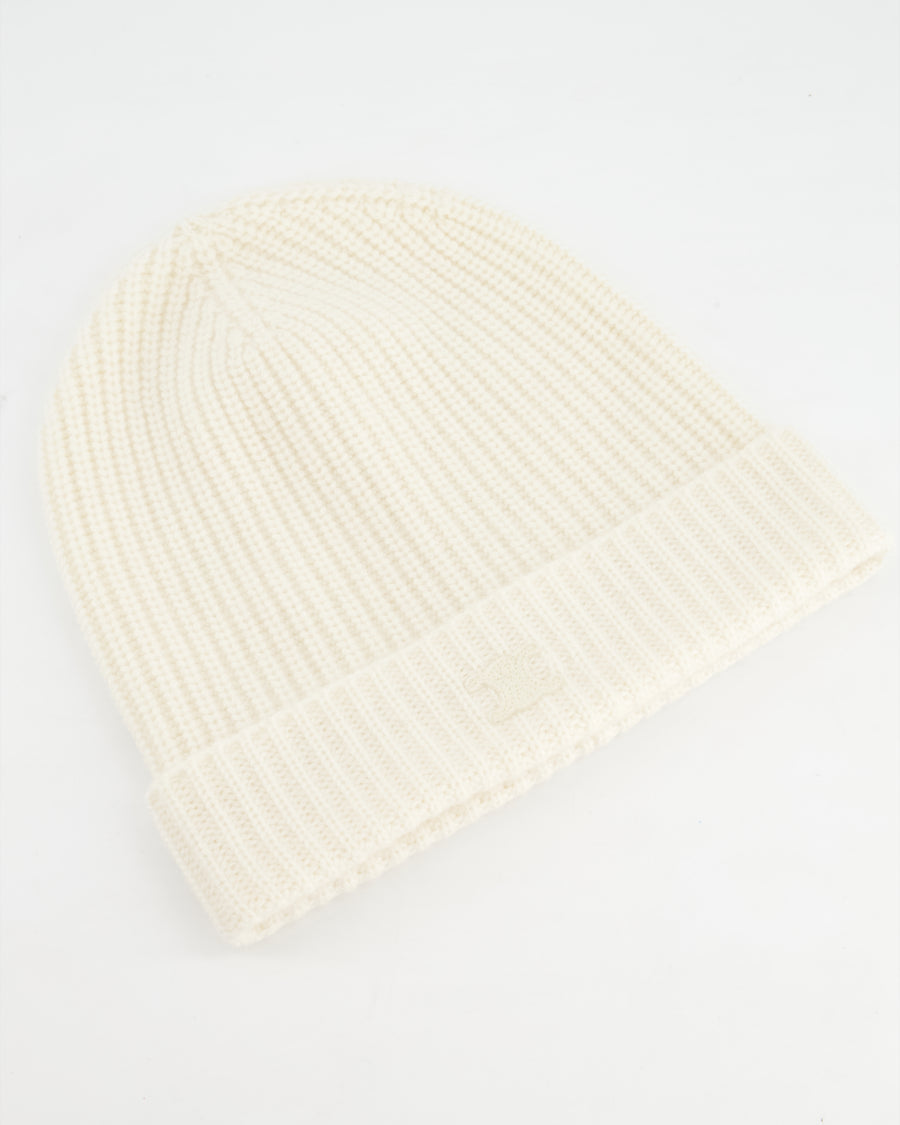 Celine Logo Embroidered Cream Cashmere Knit Beanie Hat