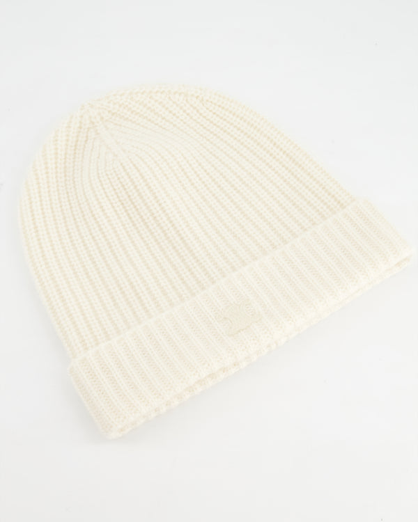 Celine Logo Embroidered Cream Cashmere Knit Beanie Hat