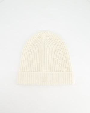 Celine Logo Embroidered Cream Cashmere Knit Beanie Hat