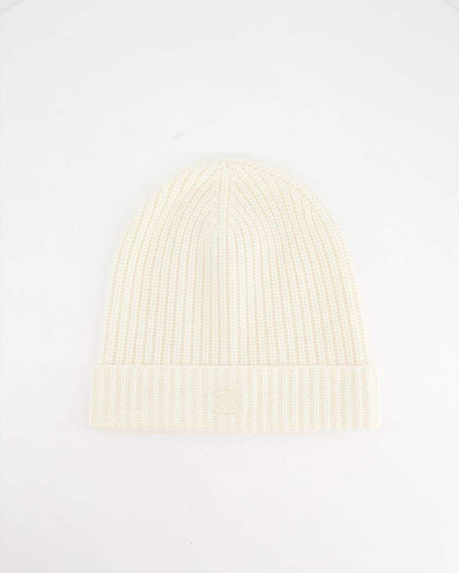 Celine Logo Embroidered Cream Cashmere Knit Beanie Hat