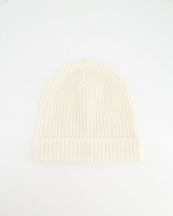 Celine Logo Embroidered Cream Cashmere Knit Beanie Hat