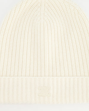 Celine Logo Embroidered Cream Cashmere Knit Beanie Hat