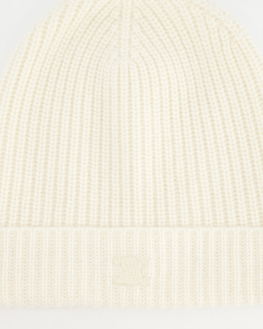 Celine Logo Embroidered Cream Cashmere Knit Beanie Hat