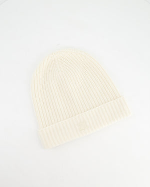 Celine Logo Embroidered Cream Cashmere Knit Beanie Hat