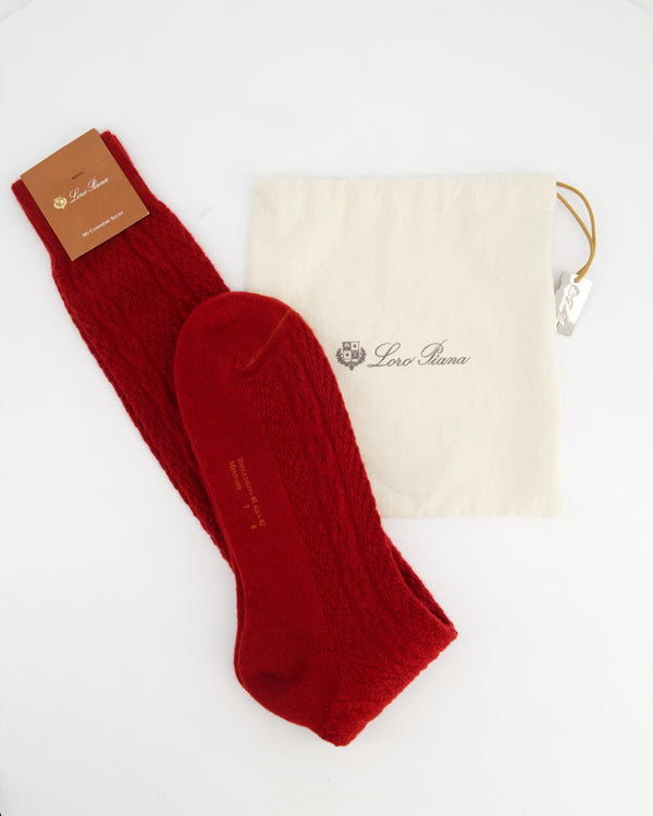 Loro Piana Men's Deep Red Cable Knit Cashmere Long Socks Size M