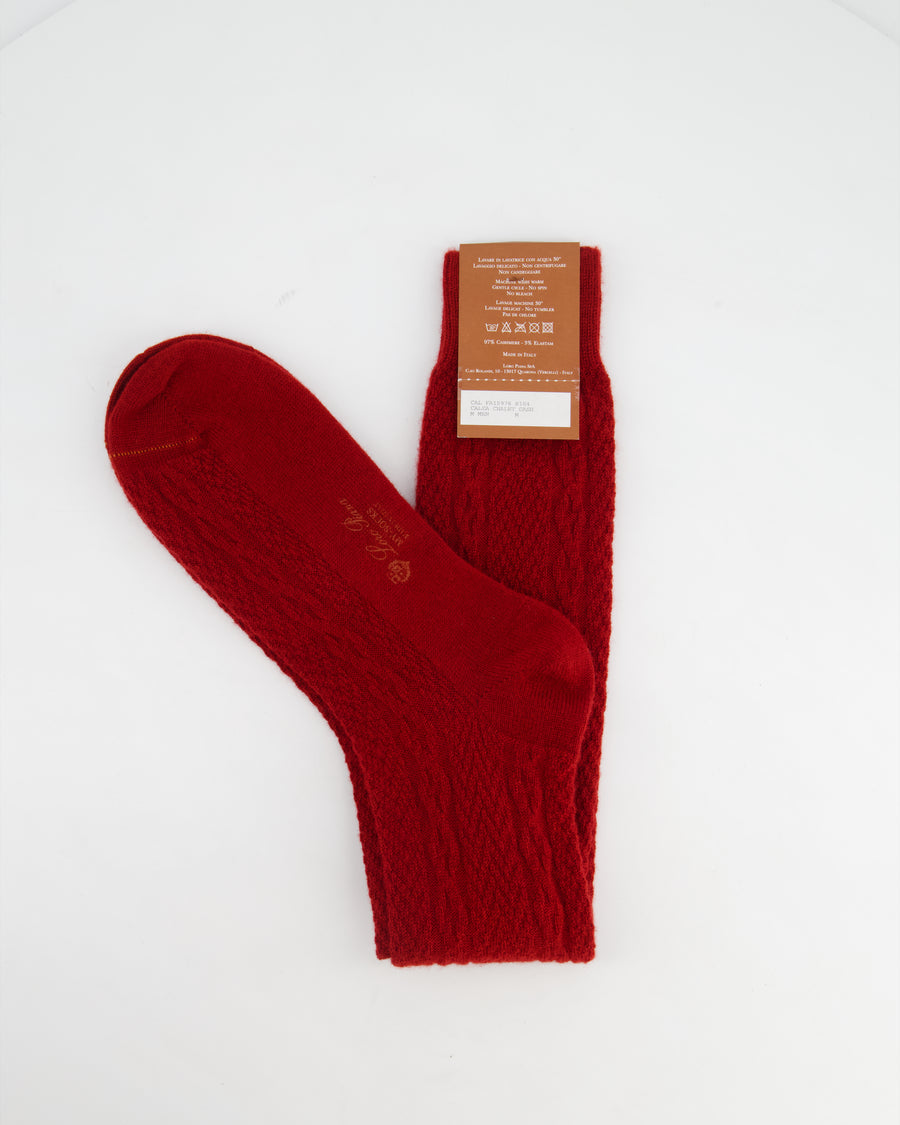 Loro Piana Men's Deep Red Cable Knit Cashmere Long Socks Size M