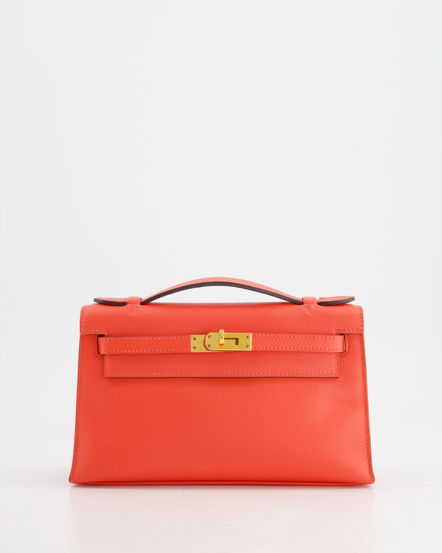 *HOT* Hermès Kelly Pochette in Rouge Pivoine Epsom Leather with Gold Hardware