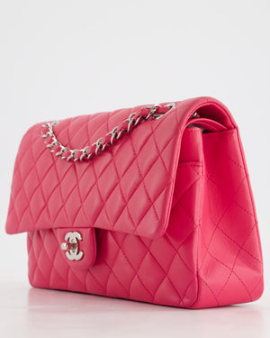 Chanel Hot Pink Medium Classic Double Flap Bag in Lambskin Leather with Silver Hardware