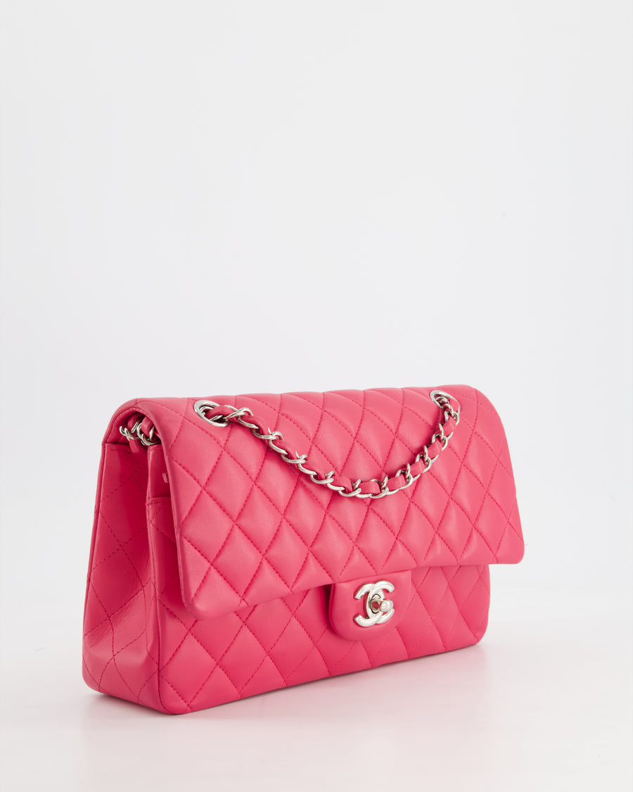 Chanel Hot Pink Medium Classic Double Flap Bag in Lambskin Leather with Silver Hardware