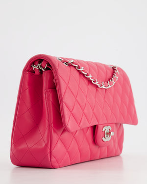 Chanel Hot Pink Medium Classic Double Flap Bag in Lambskin Leather with Silver Hardware