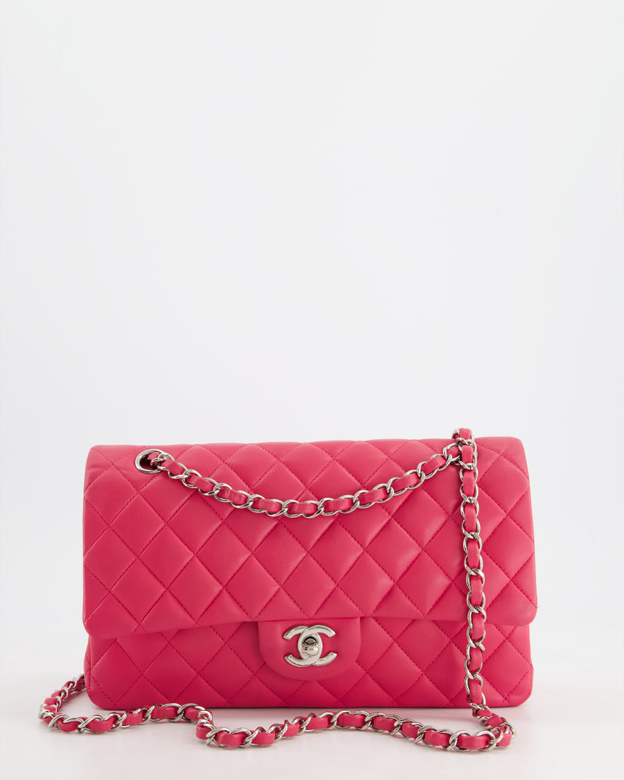 Chanel Hot Pink Medium Classic Double Flap Bag in Lambskin Leather with Silver Hardware