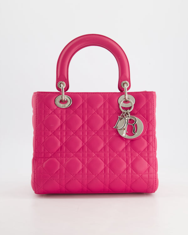 Christian Dior Hot Pink Medium Lady Dior Bag in Cannage Lambskin with Silver Hardware