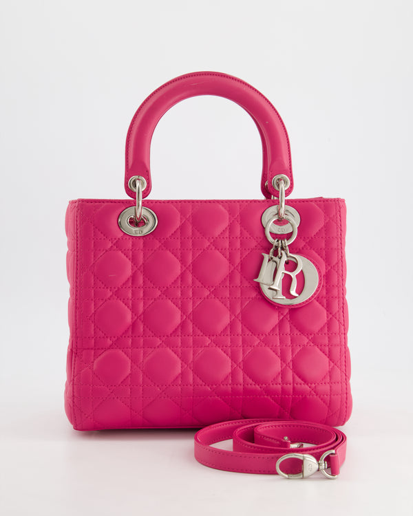 Christian Dior Hot Pink Medium Lady Dior Bag in Cannage Lambskin with Silver Hardware