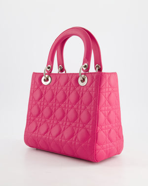 Christian Dior Hot Pink Medium Lady Dior Bag in Cannage Lambskin with Silver Hardware