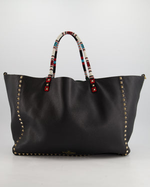 Valentino Black, Green Reversible Leather Rockstud Tote Bag with Beaded Handle Detail