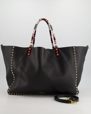 Valentino Black, Green Reversible Leather Rockstud Tote Bag with Beaded Handle Detail