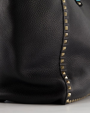 Valentino Black, Green Reversible Leather Rockstud Tote Bag with Beaded Handle Detail