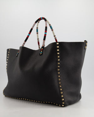 Valentino Black, Green Reversible Leather Rockstud Tote Bag with Beaded Handle Detail