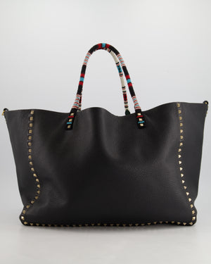 Valentino Black, Green Reversible Leather Rockstud Tote Bag with Beaded Handle Detail