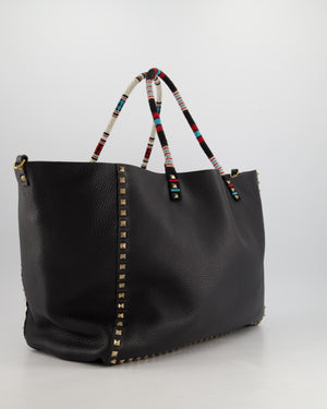 Valentino Black, Green Reversible Leather Rockstud Tote Bag with Beaded Handle Detail