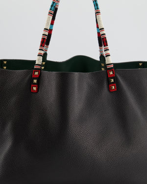 Valentino Black, Green Reversible Leather Rockstud Tote Bag with Beaded Handle Detail