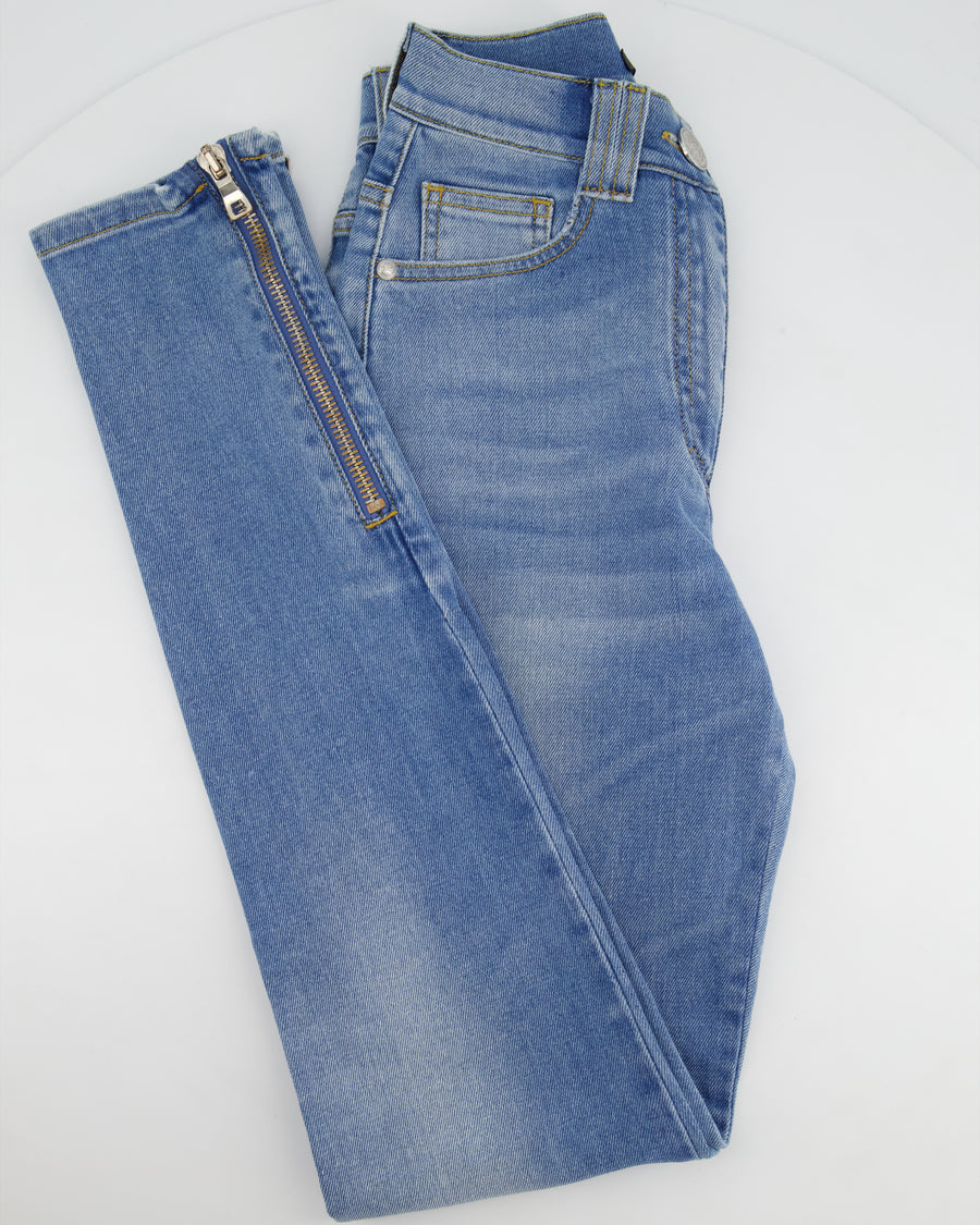 Balmain Light Blue Skinny Jeans with Silver Button and Zip Detail FR 34 (UK 6)