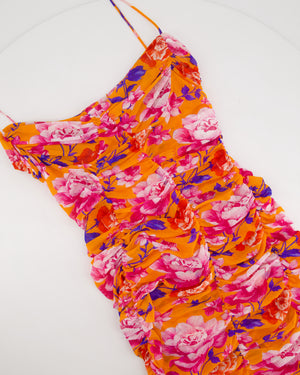 Magda Butrym Orange, Pink and Blue Floral Mesh Midi Dress with Ruching Size FR 36 (UK 8)